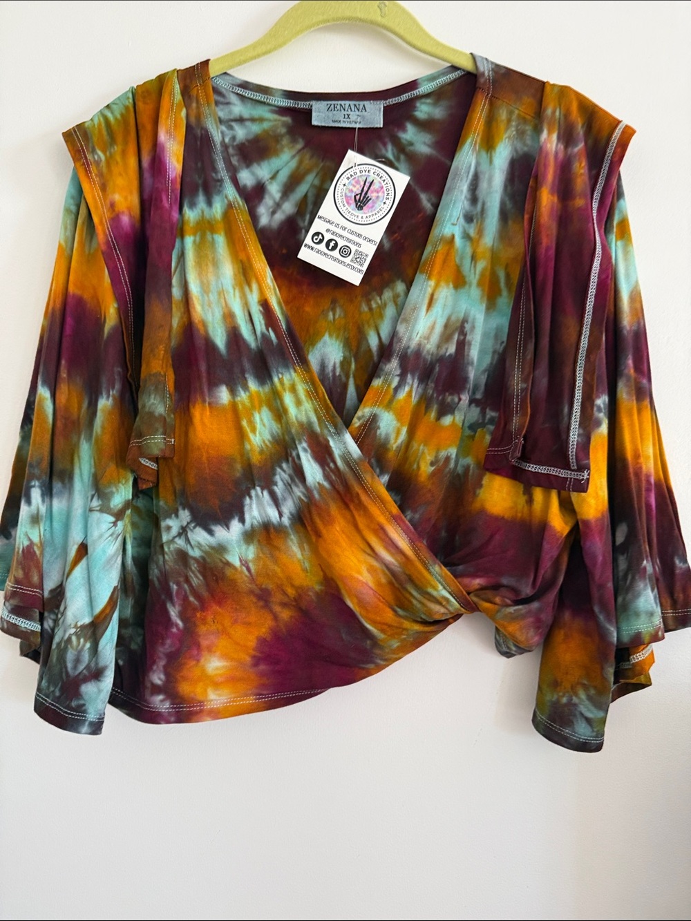 Zenana Outfitters Multicolor Tie-Dye Wrap Blouse — Teal, Mustard, Burgundy